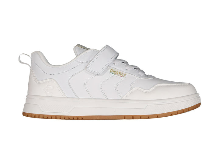 Tenis Charly color blanco con suela color café y cierre de velcro para niños.