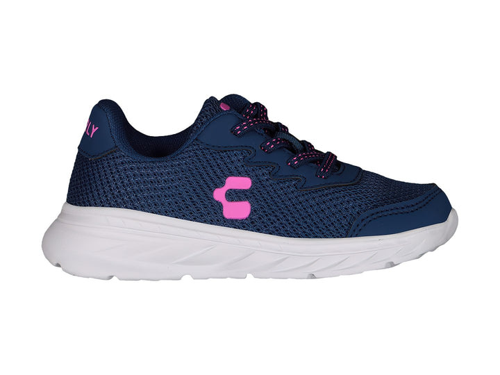 Tenis deportivos Charly color azul marino con suela blanca y logotipo rosa.