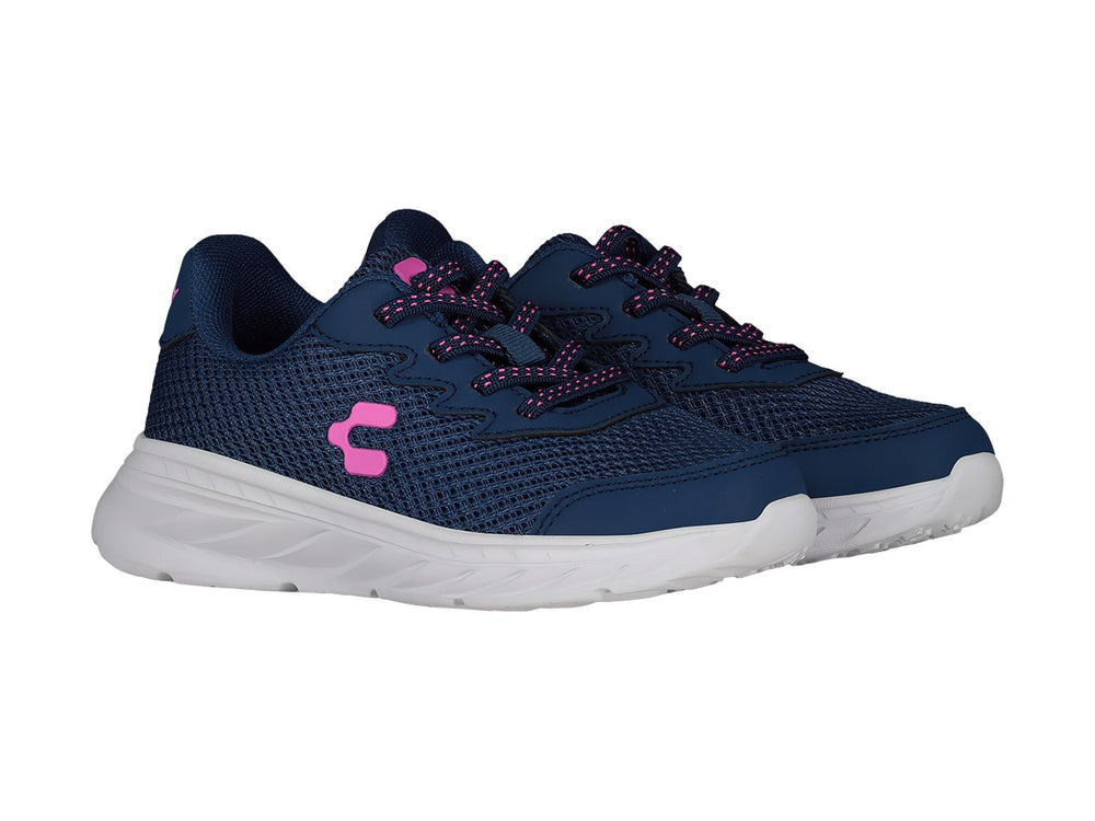 Tenis deportivos Charly color azul marino con suela blanca y logotipo rosa.