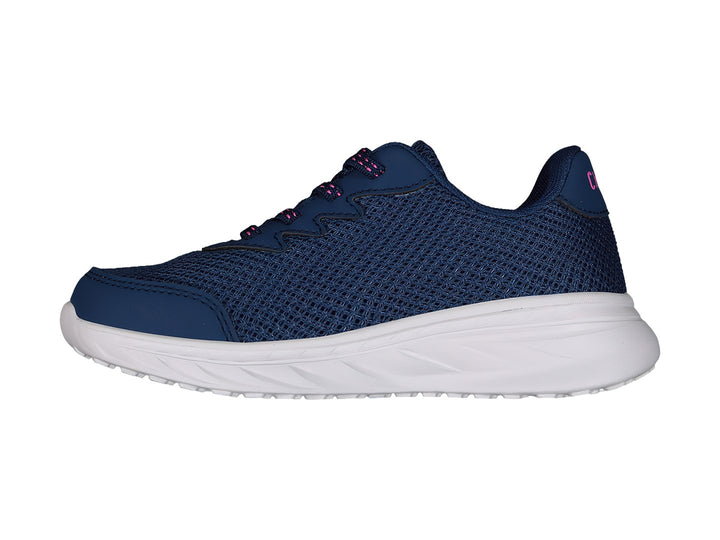Tenis deportivos Charly color azul marino con suela blanca y logotipo rosa.