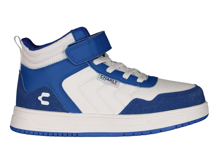 Tenis deportivos de bota color blanco y azul con correa en el tobillo marca Charly.
