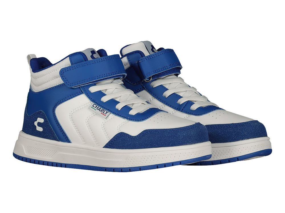 Tenis deportivos de bota color blanco y azul con correa en el tobillo marca Charly.