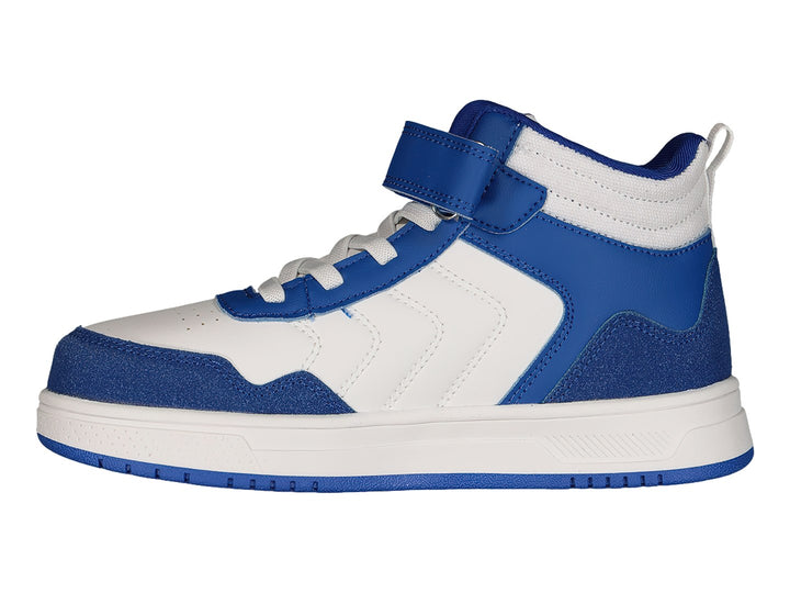 Tenis deportivos de bota color blanco y azul con correa en el tobillo marca Charly.