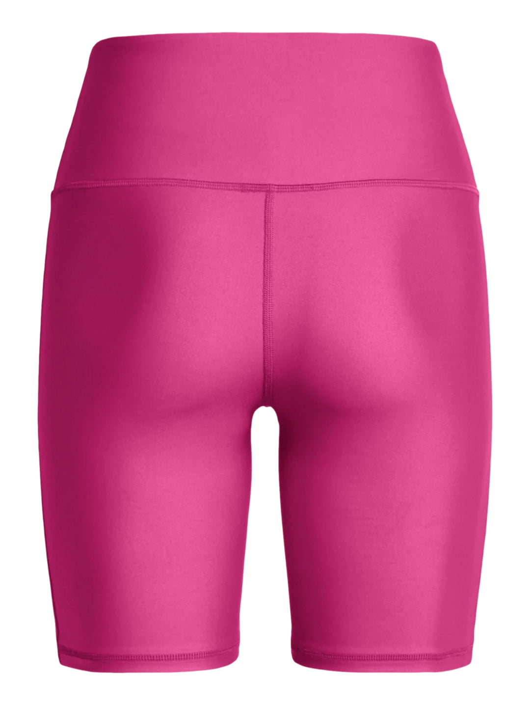 Mujer vistiendo shorts deportivos ajustados de color rosa intenso de la marca Under Armour.