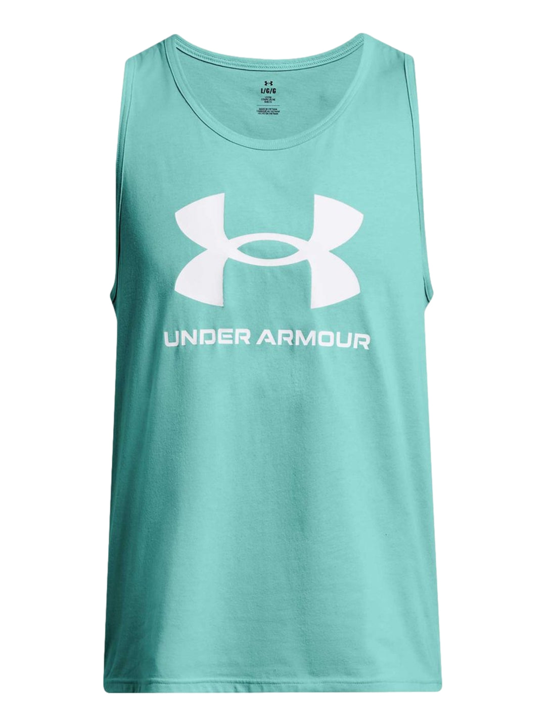 Hombre vistiendo una camiseta sin mangas color verde menta de Under Armour con logo blanco en el pecho.