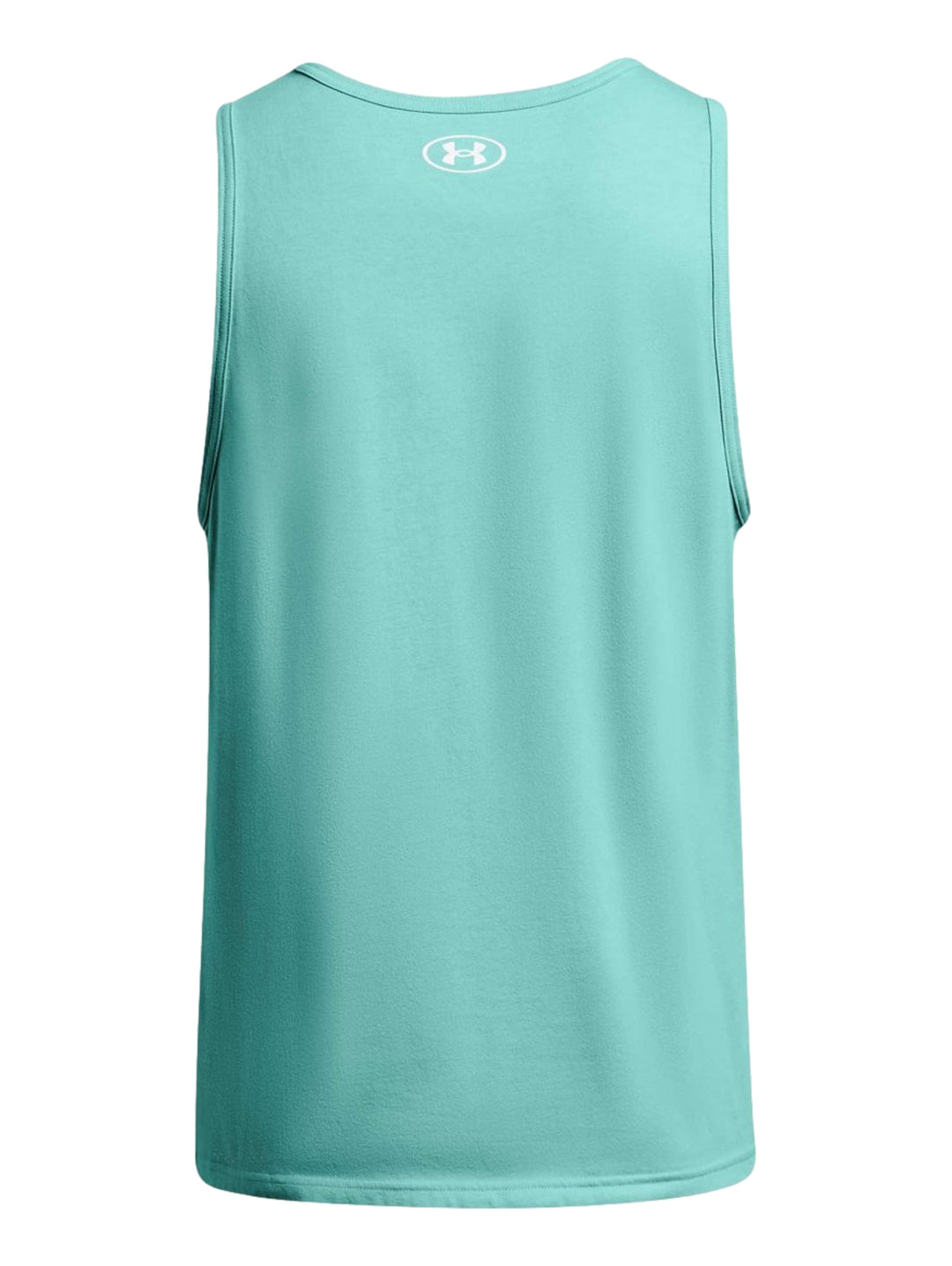 Hombre vistiendo una camiseta sin mangas color verde menta de Under Armour con logo blanco en el pecho.