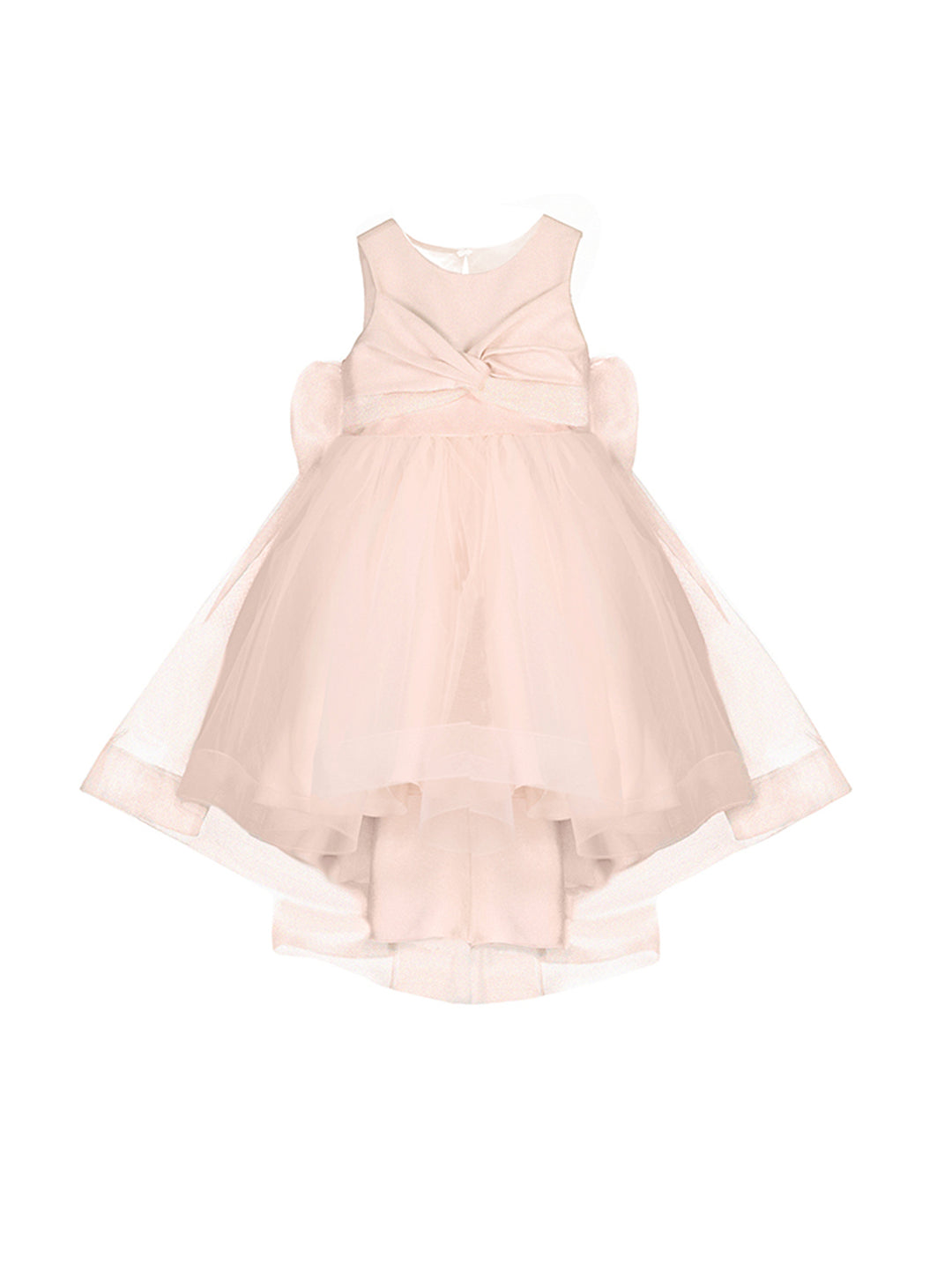 Vestido de tul color pastel para niña con falda amplia y detalle de nudo en la cintura.