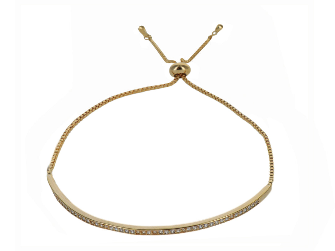 Pulsera ajustable de color dorado con una barra central incrustada de brillantes.