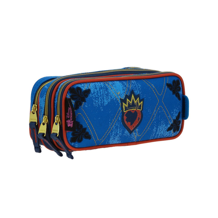 Lapicera azul de tres compartimentos con detalles en rojo y dorado, diseño inspirado en Descendientes.