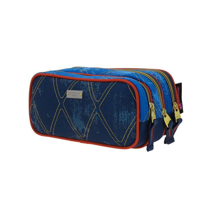 Lapicera azul de tres compartimentos con detalles en rojo y dorado, diseño inspirado en Descendientes.