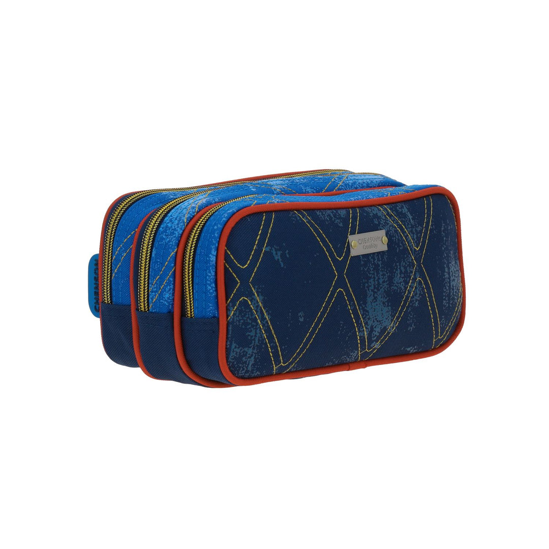 Lapicera azul de tres compartimentos con detalles en rojo y dorado, diseño inspirado en Descendientes.