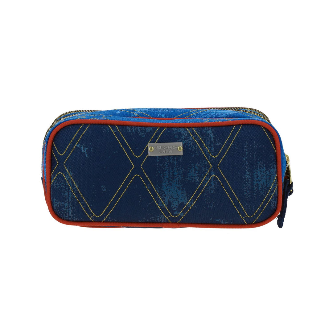 Lapicera azul de tres compartimentos con detalles en rojo y dorado, diseño inspirado en Descendientes.