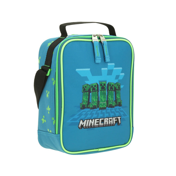 Lonchera infantil azul y verde de Minecraft con diseño de creepers, asa negra y cierre doble.