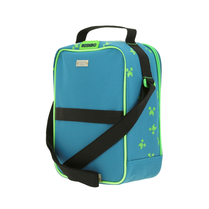 Lonchera infantil azul y verde de Minecraft con diseño de creepers, asa negra y cierre doble.