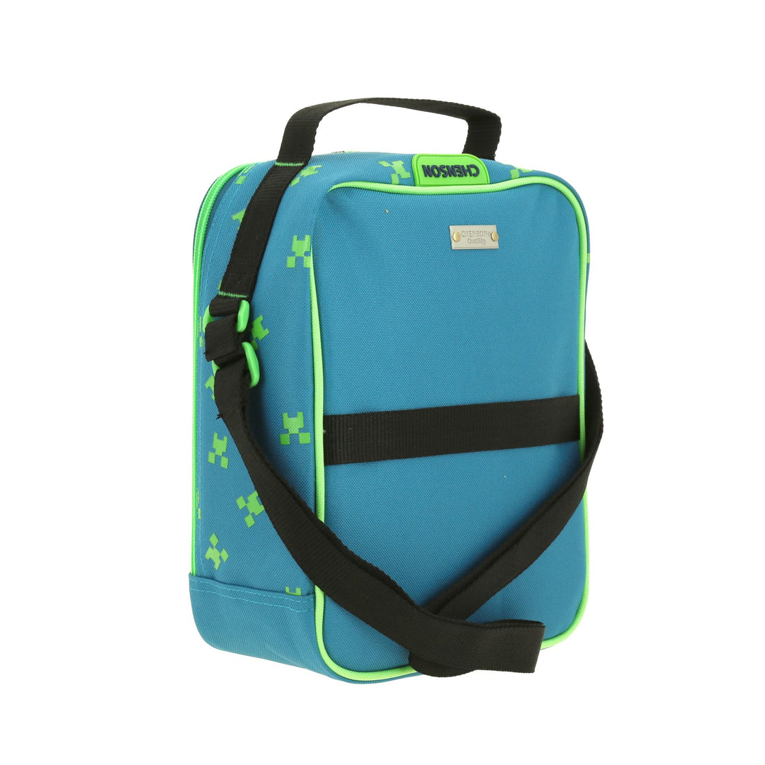 Lonchera infantil azul y verde de Minecraft con diseño de creepers, asa negra y cierre doble.