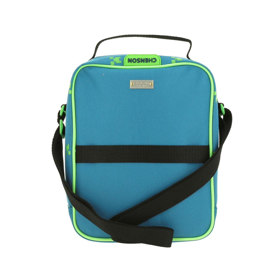 Lonchera infantil azul y verde de Minecraft con diseño de creepers, asa negra y cierre doble.