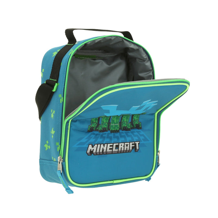 Lonchera infantil azul y verde de Minecraft con diseño de creepers, asa negra y cierre doble.