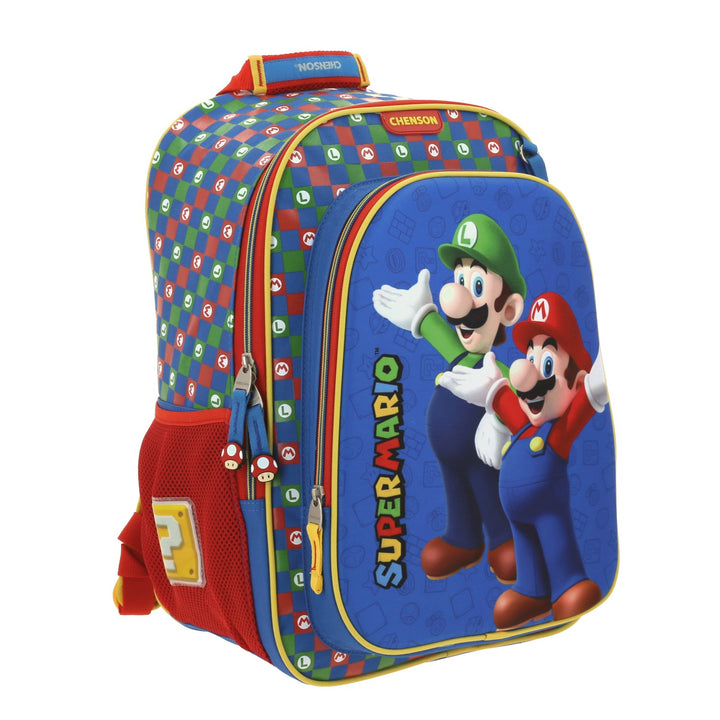 Mochila escolar Chenson de Super Mario Bros en colores rojo, azul y verde para niño.