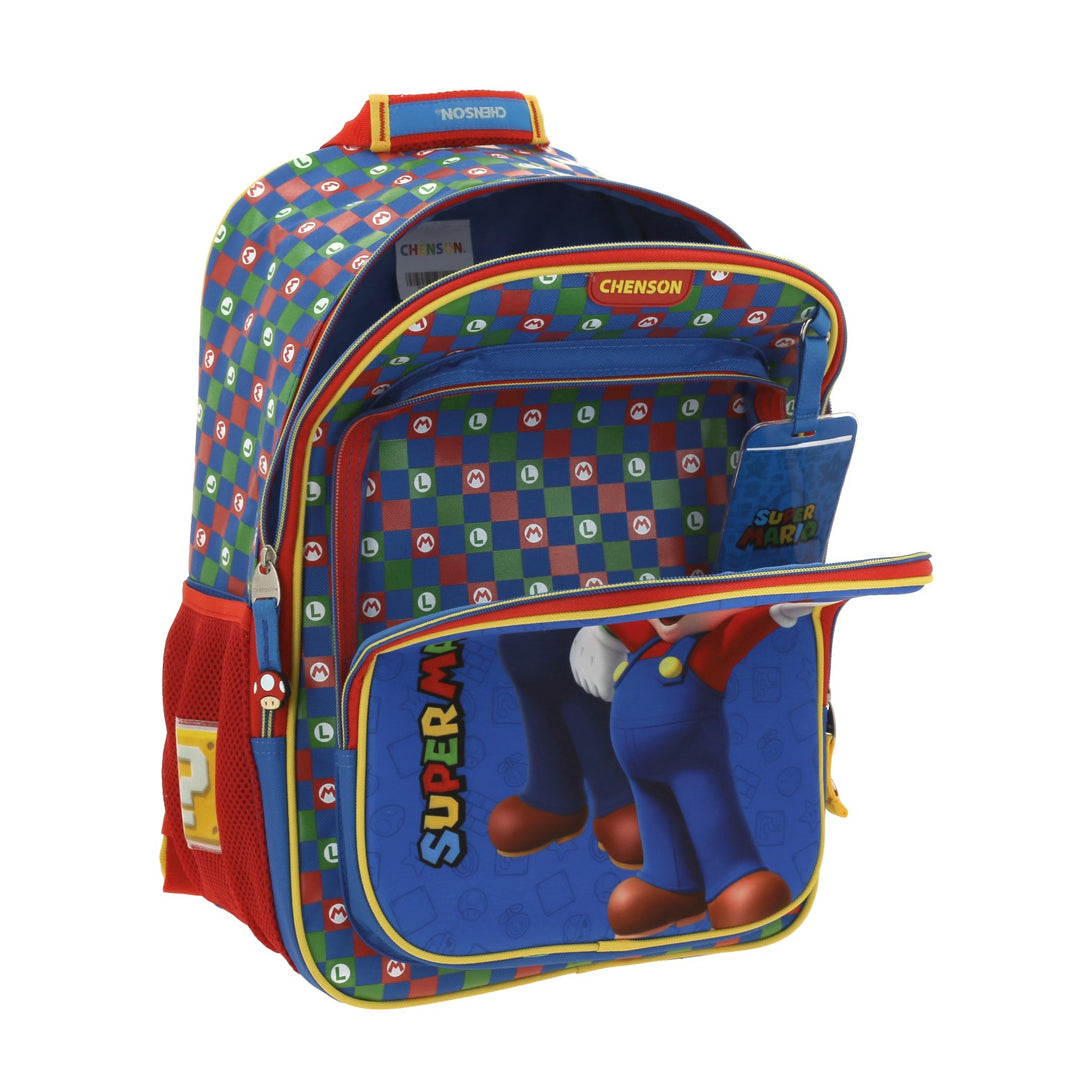 Mochila escolar Chenson de Super Mario Bros en colores rojo, azul y verde para niño.