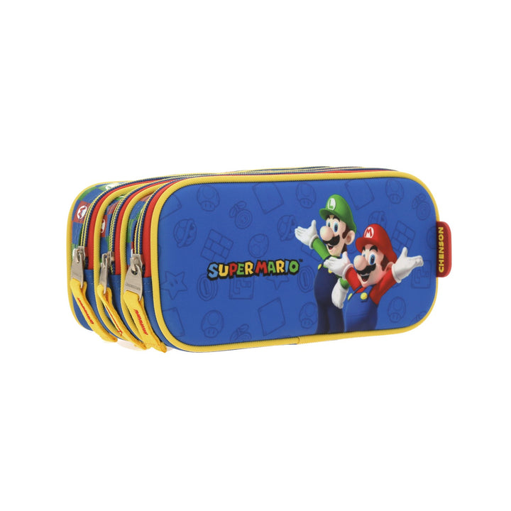 Lapicera azul de Super Mario Bros con tres compartimentos y cierre amarillo para niño.