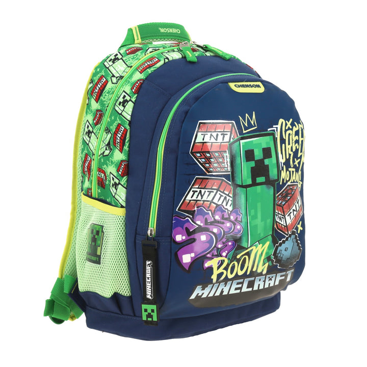 Mochila escolar Chenson de Minecraft en colores azul y verde con diseño de Creeper y TNT.