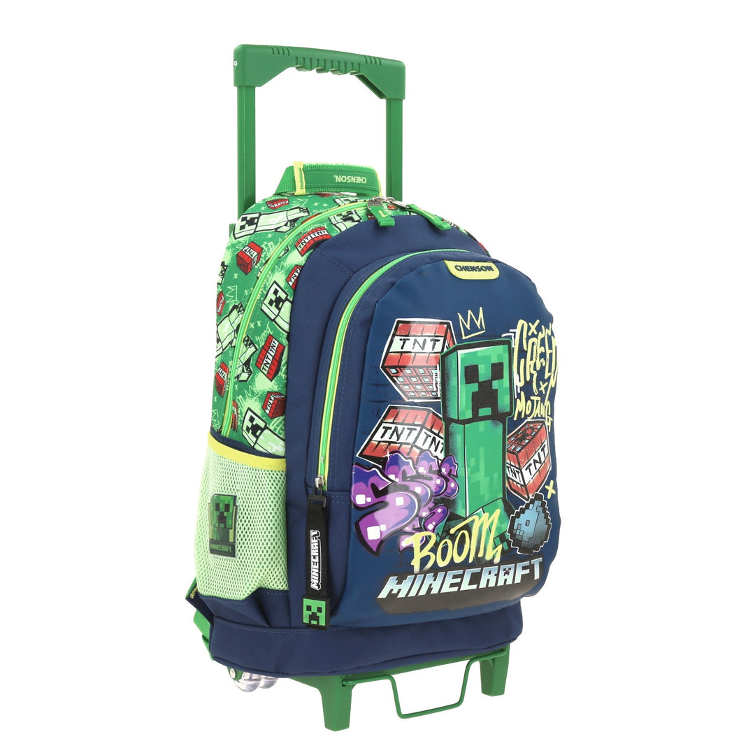 Mochila escolar rodante de Minecraft en colores azul y verde con diseño de Creeper y TNT.