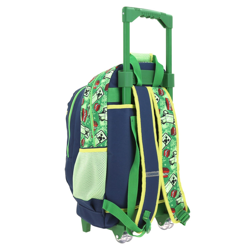 Mochila escolar rodante de Minecraft en colores azul y verde con diseño de Creeper y TNT.