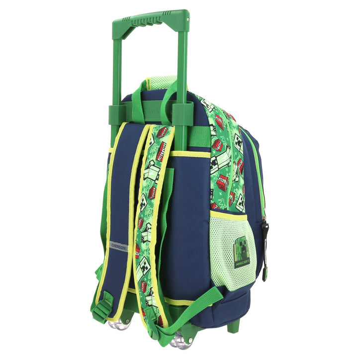 Mochila escolar rodante de Minecraft en colores azul y verde con diseño de Creeper y TNT.