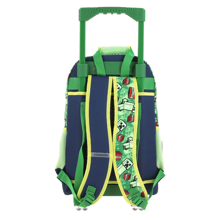 Mochila escolar rodante de Minecraft en colores azul y verde con diseño de Creeper y TNT.