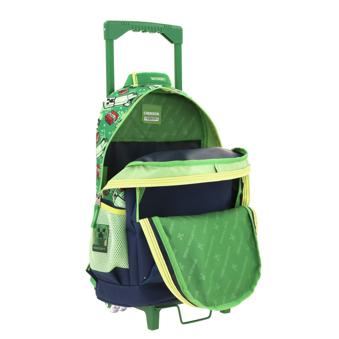 Mochila escolar rodante de Minecraft en colores azul y verde con diseño de Creeper y TNT.