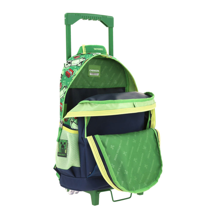 Mochila escolar rodante de Minecraft en colores azul y verde con diseño de Creeper y TNT.