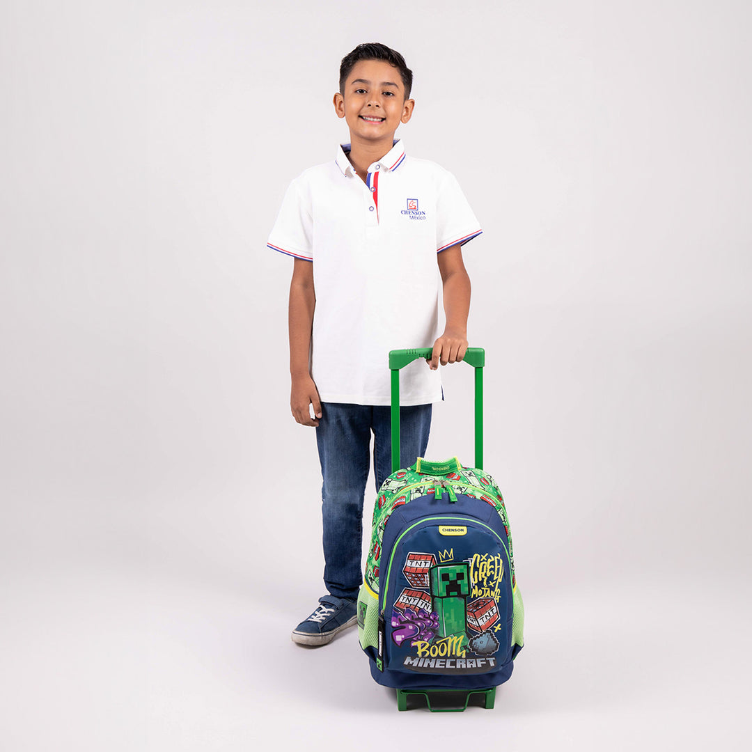 Mochila escolar rodante de Minecraft en colores azul y verde con diseño de Creeper y TNT.