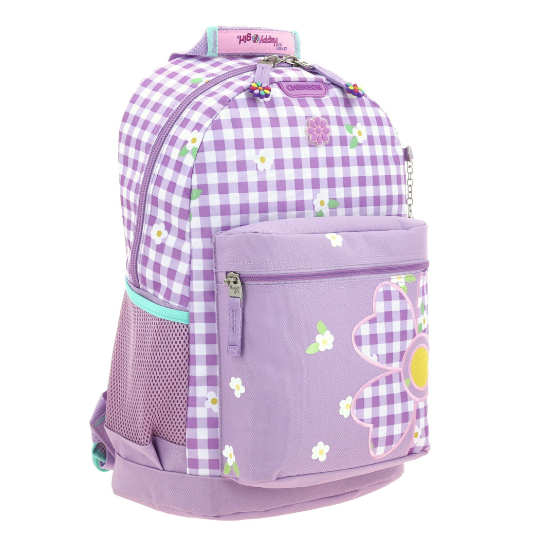 Mochila escolar Chenson color lila con diseño de cuadros y flores para niña.