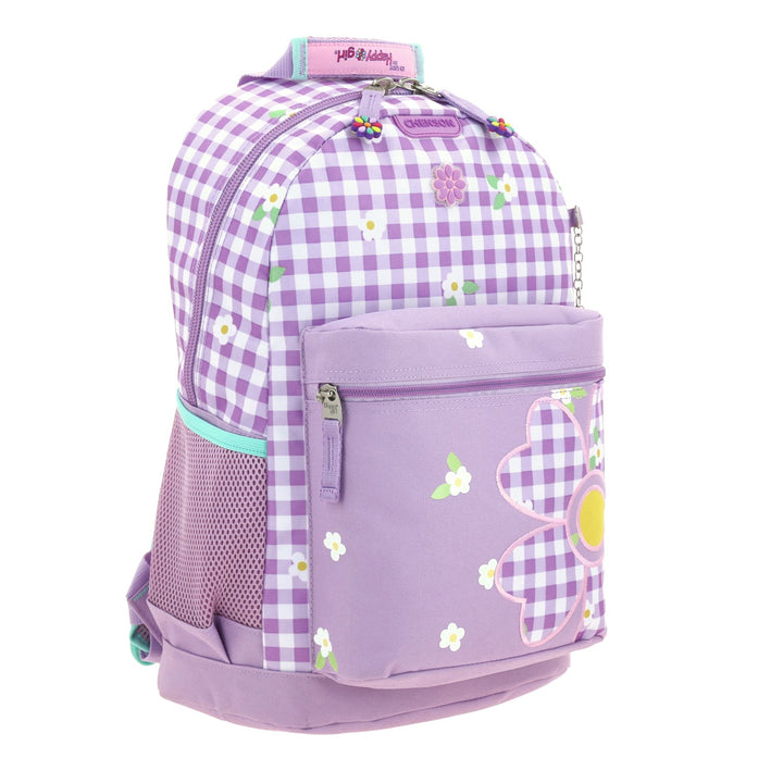 Mochila escolar Chenson color lila con diseño de cuadros y flores para niña.