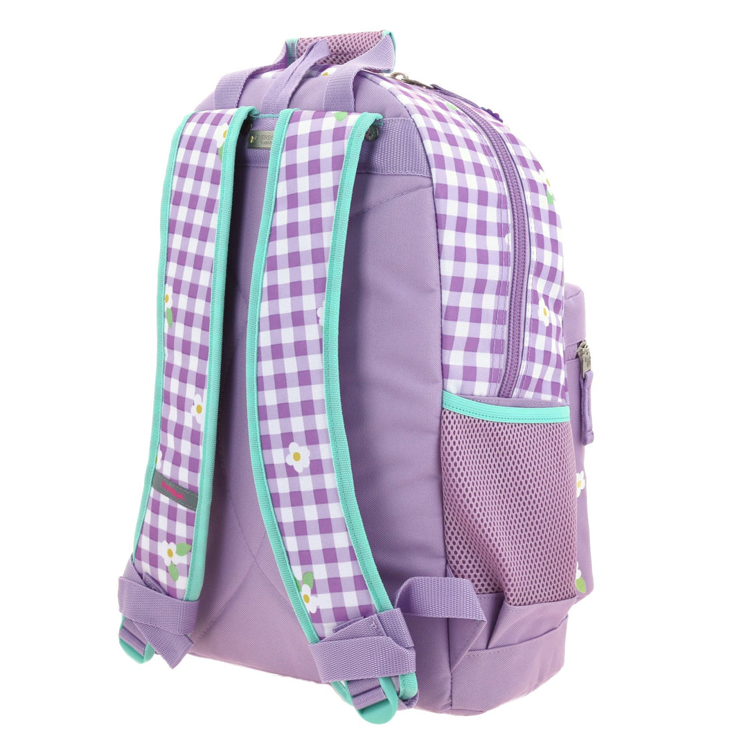 Mochila escolar Chenson color lila con diseño de cuadros y flores para niña.