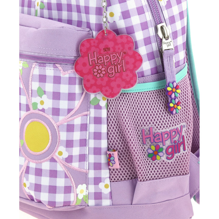 Mochila escolar Chenson color lila con diseño de cuadros y flores para niña.
