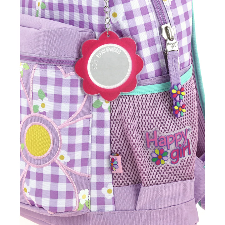 Mochila escolar Chenson color lila con diseño de cuadros y flores para niña.