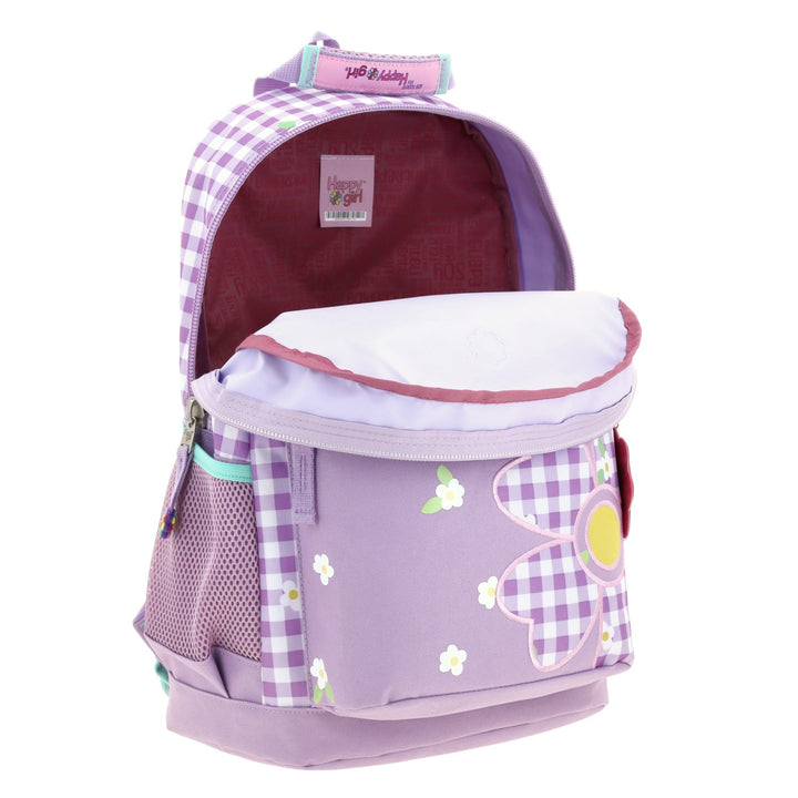 Mochila escolar Chenson color lila con diseño de cuadros y flores para niña.