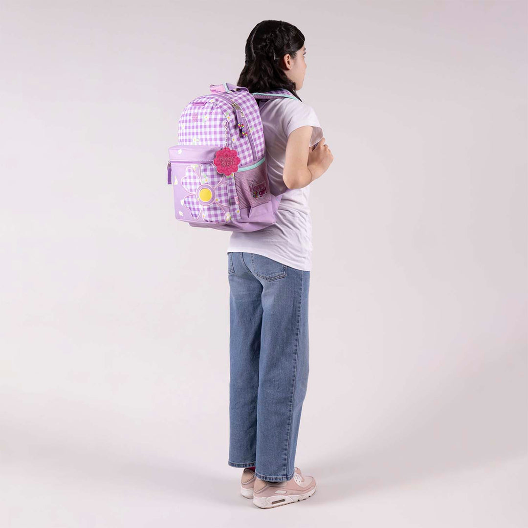 Mochila escolar Chenson color lila con diseño de cuadros y flores para niña.