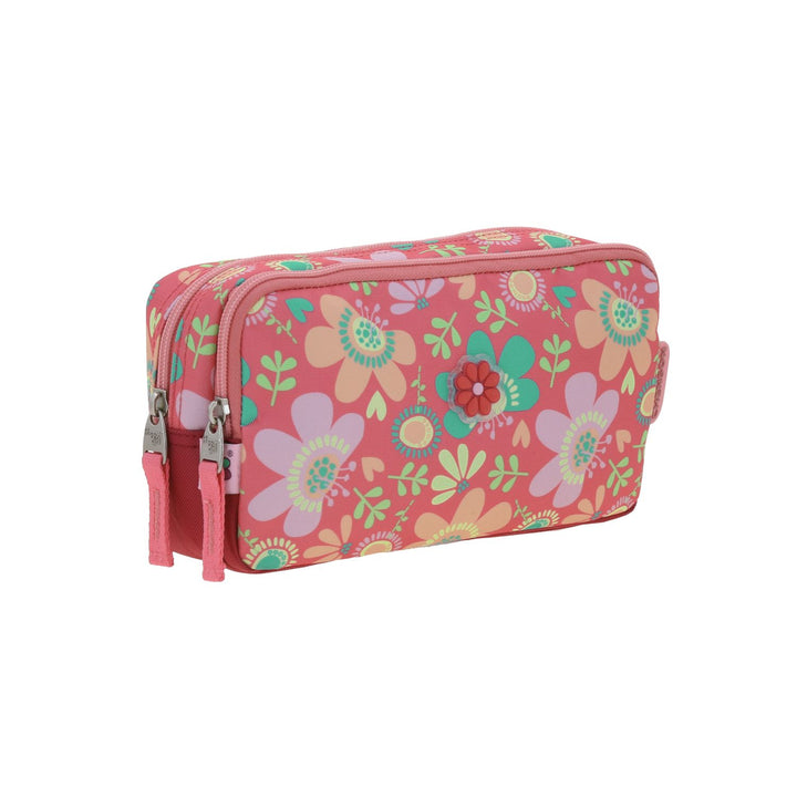 Lapicera infantil rosa de marca Chenson con estampado de flores coloridas y doble compartimento con cierre.
