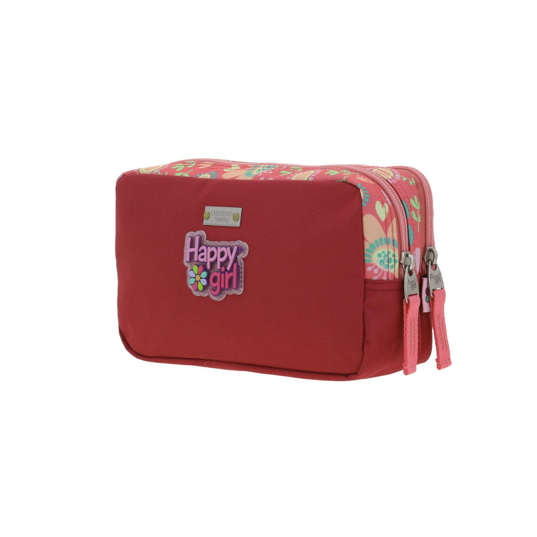Lapicera infantil rosa de marca Chenson con estampado de flores coloridas y doble compartimento con cierre.