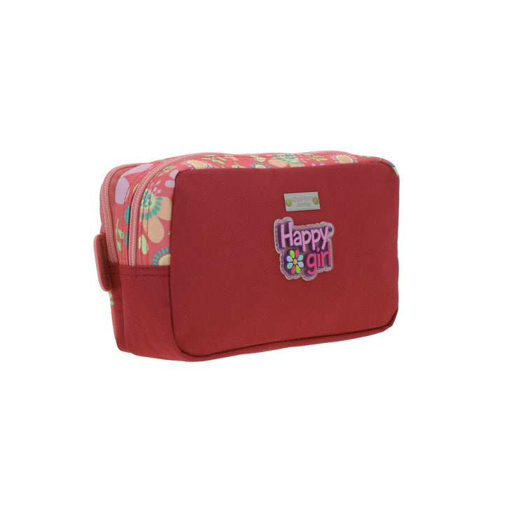 Lapicera infantil rosa de marca Chenson con estampado de flores coloridas y doble compartimento con cierre.