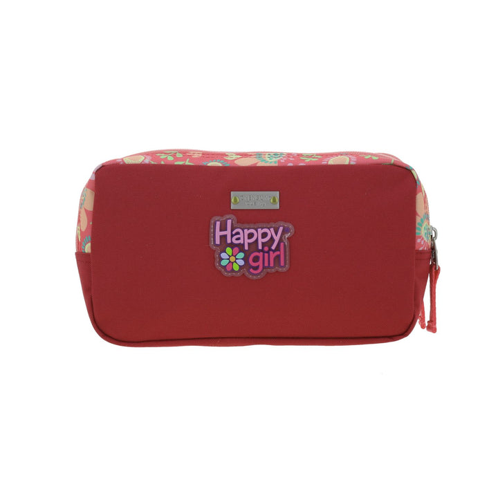 Lapicera infantil rosa de marca Chenson con estampado de flores coloridas y doble compartimento con cierre.