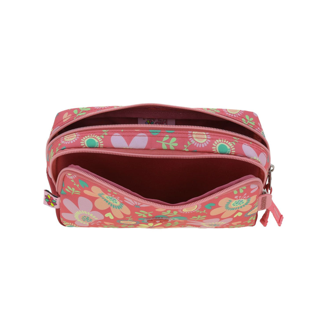 Lapicera infantil rosa de marca Chenson con estampado de flores coloridas y doble compartimento con cierre.