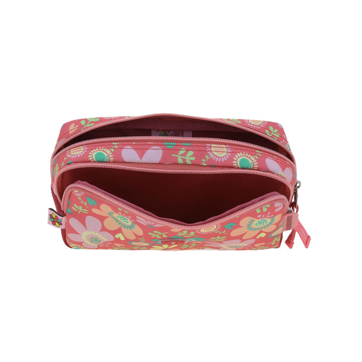 Lapicera infantil rosa de marca Chenson con estampado de flores coloridas y doble compartimento con cierre.