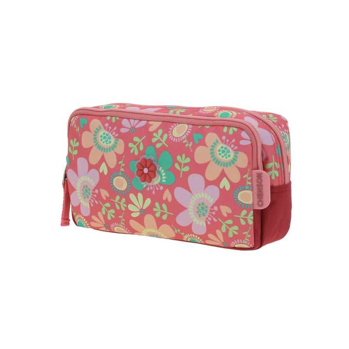 Lapicera infantil rosa de marca Chenson con estampado de flores coloridas y doble compartimento con cierre.