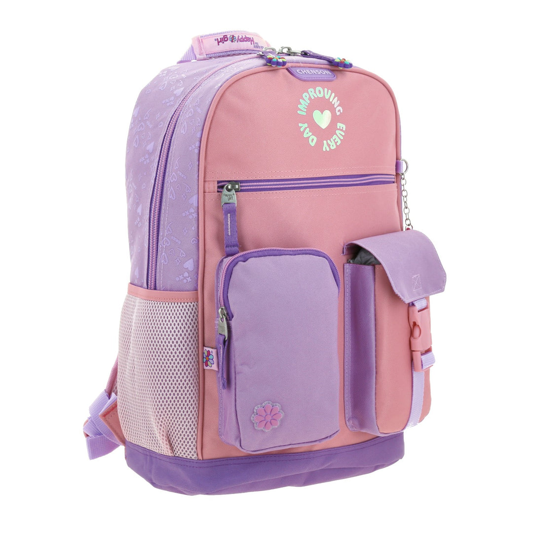 Mochila escolar Chenson Happy Girl en colores morado y rosa con múltiples compartimentos y detalles decorativos.