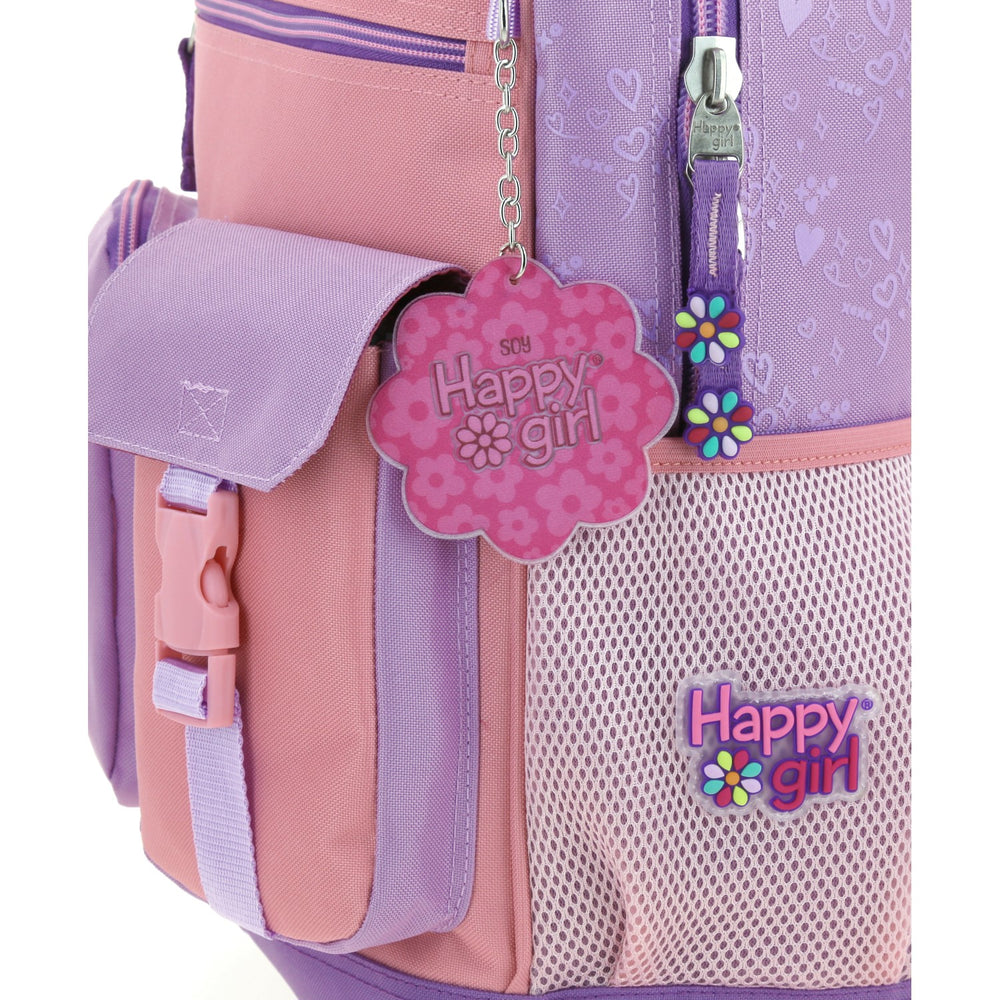 Mochila escolar Chenson Happy Girl en colores morado y rosa con múltiples compartimentos y detalles decorativos.