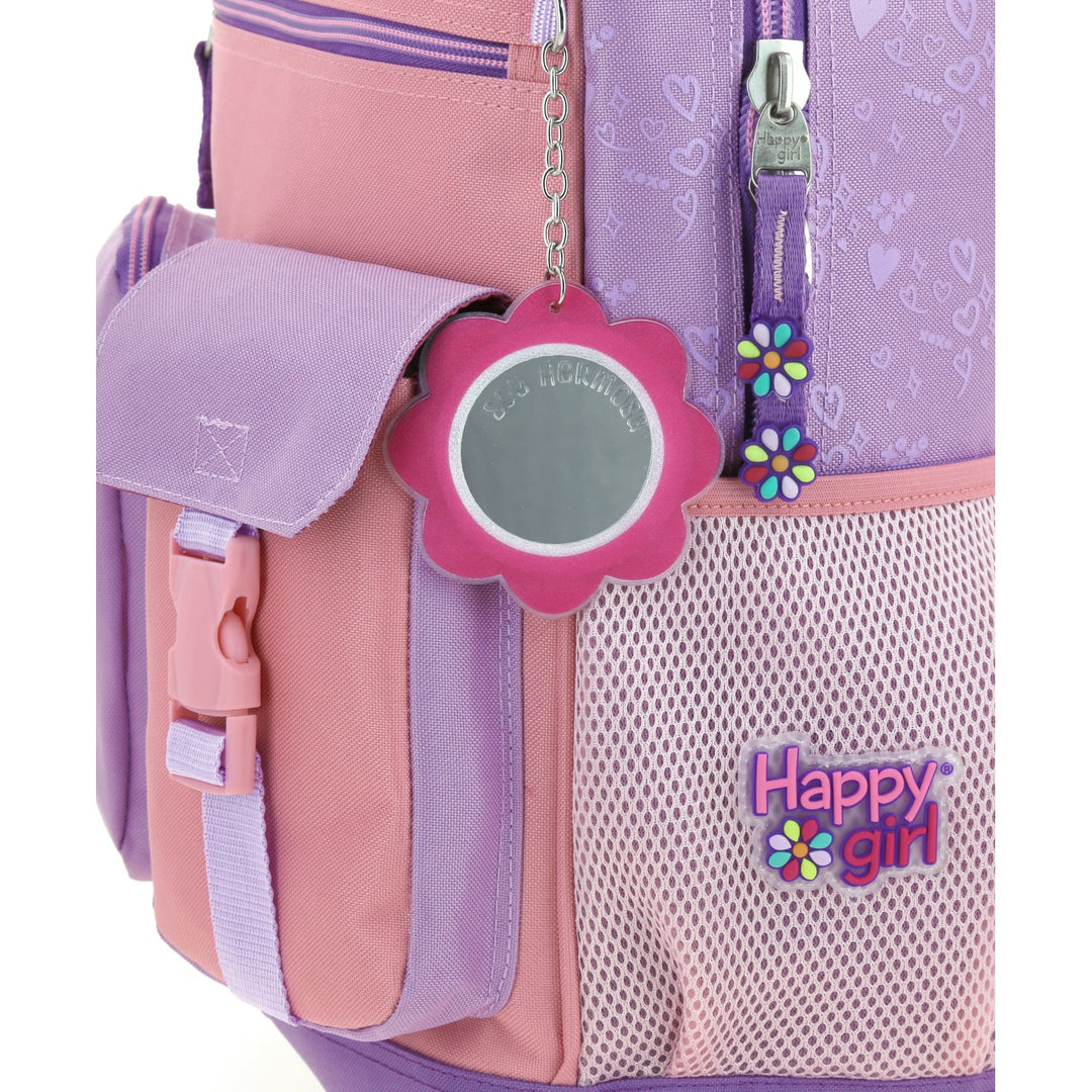 Mochila escolar Chenson Happy Girl en colores morado y rosa con múltiples compartimentos y detalles decorativos.