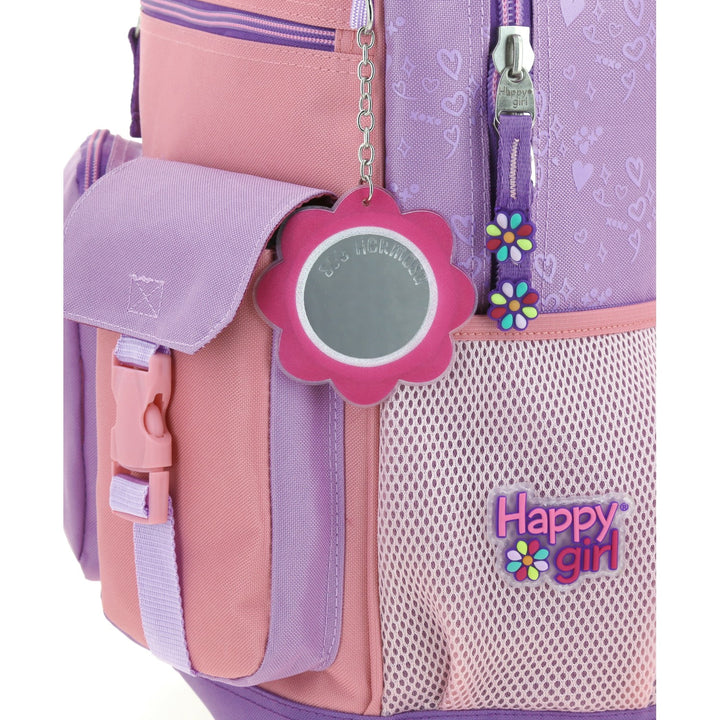 Mochila escolar Chenson Happy Girl en colores morado y rosa con múltiples compartimentos y detalles decorativos.